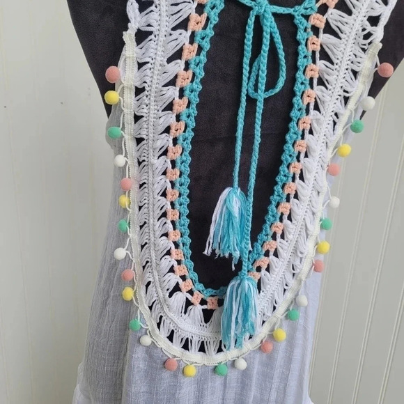 Cupshe Swim Coverup Dress One Size Boho Crochet Pom Pom Fringe Tassel White Blue - Picture 12 of 13